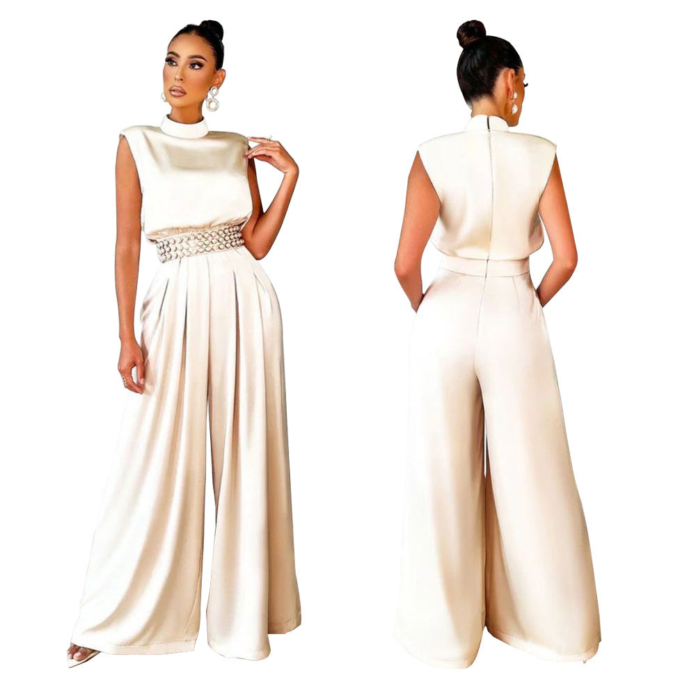 Women's Fashionable Wide Leg Solid Color Turtleneck Jumpsuits