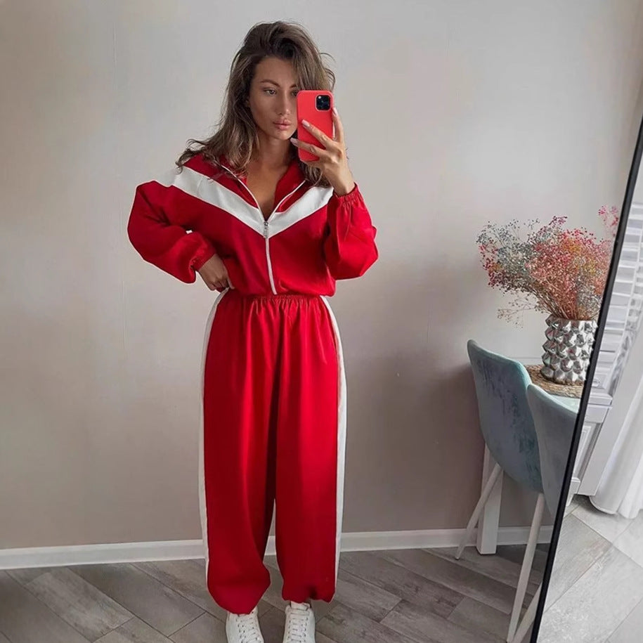 Women's Long Sleeve Contrast Color Sport Trousers Suits