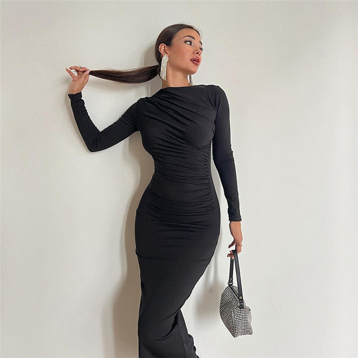 Women's Neck Long Sleeve Sheath Solid Color Dress