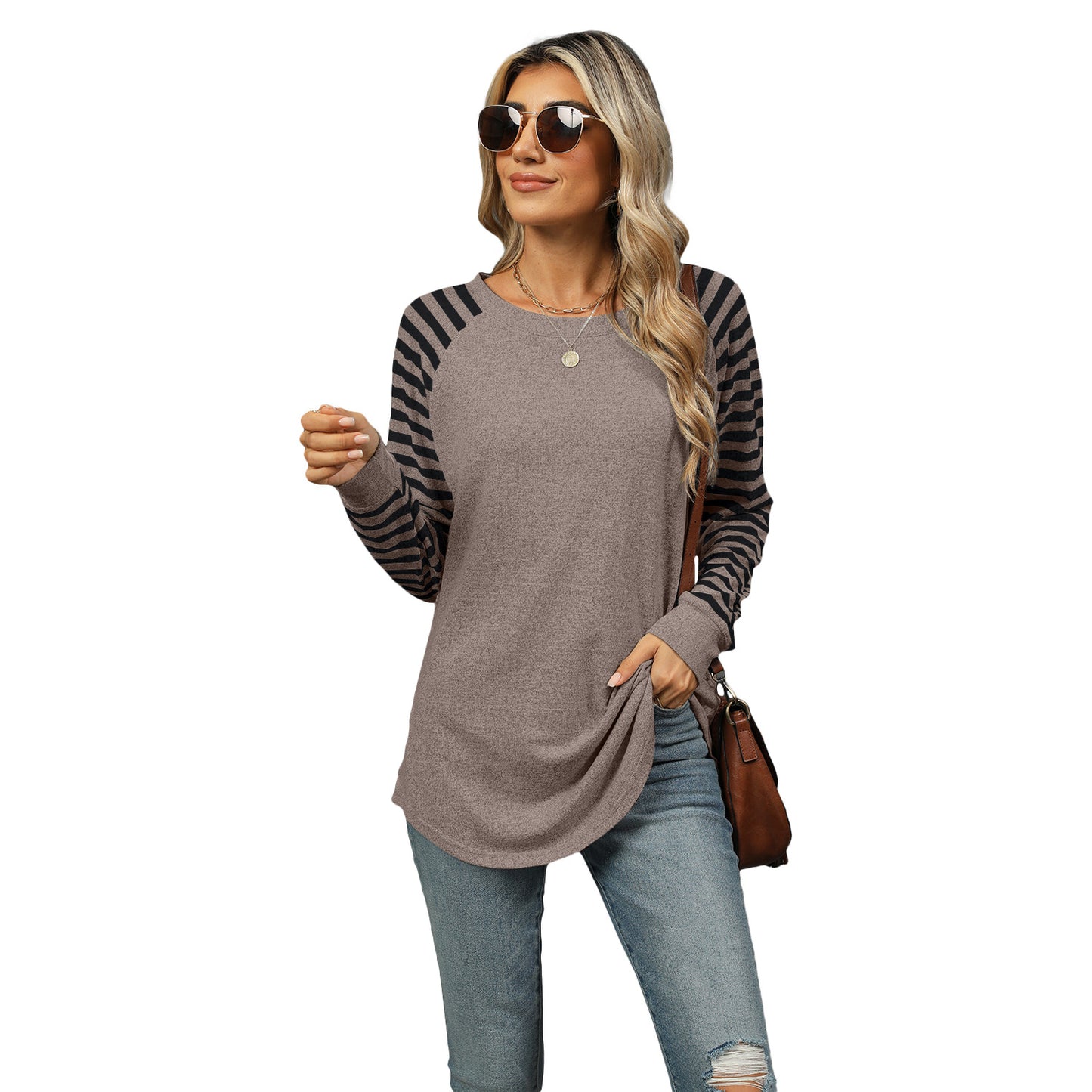 Women's Color Striped Patchwork Round Neck Long-sleeved T-shirt Blouses