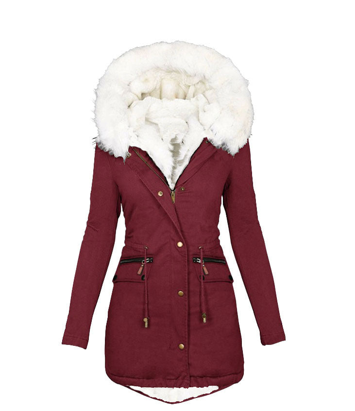 Women's Veet Cinched White Fur Collar Hooded Coats