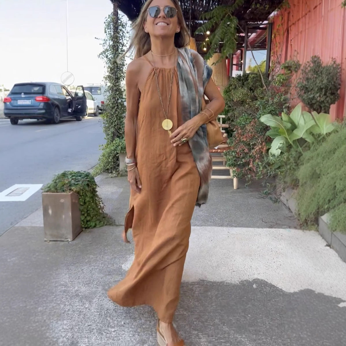 Halter Slit Cotton Linen Casual Holiday Dresses