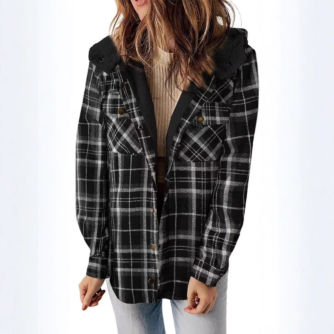 Women's Plush Shirt Casual Plaid Hooded Woolen Jackets