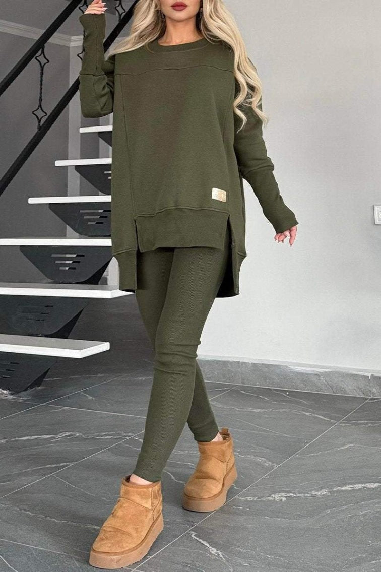 Women's Slit Long Sleeve Crew Neck Casual Suits