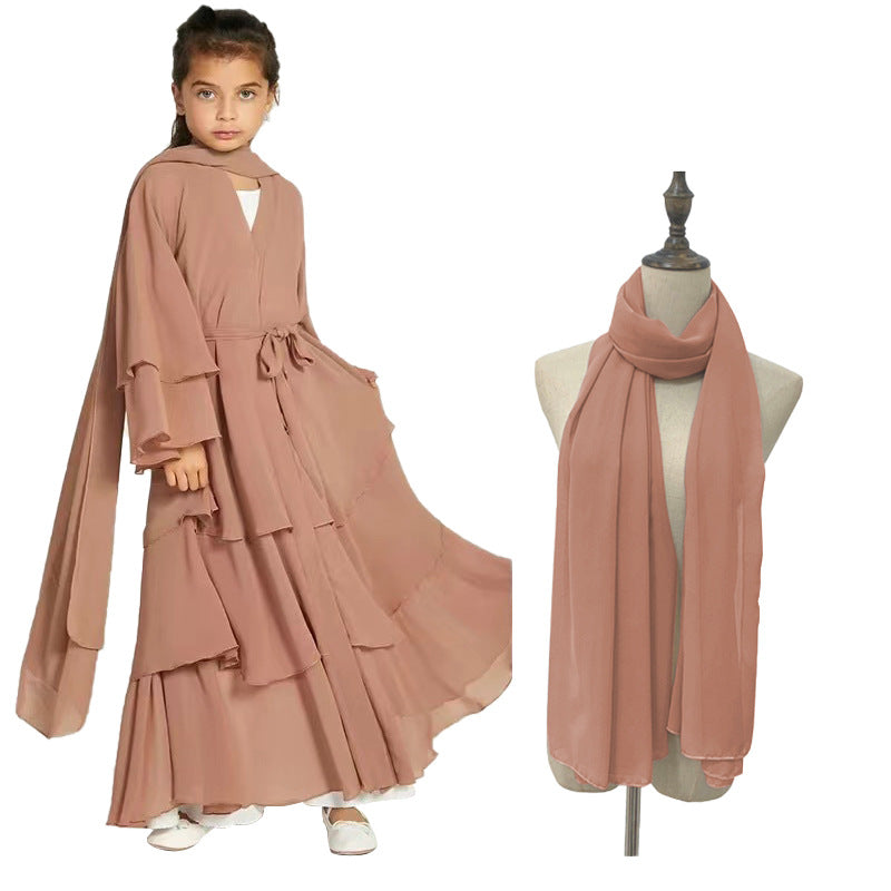 Children's Chiffon Elegant Belted With Scarf Sweet Dress