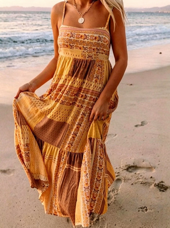 Women's Multicolor Bohemian Printed Square Collar Sling Dress