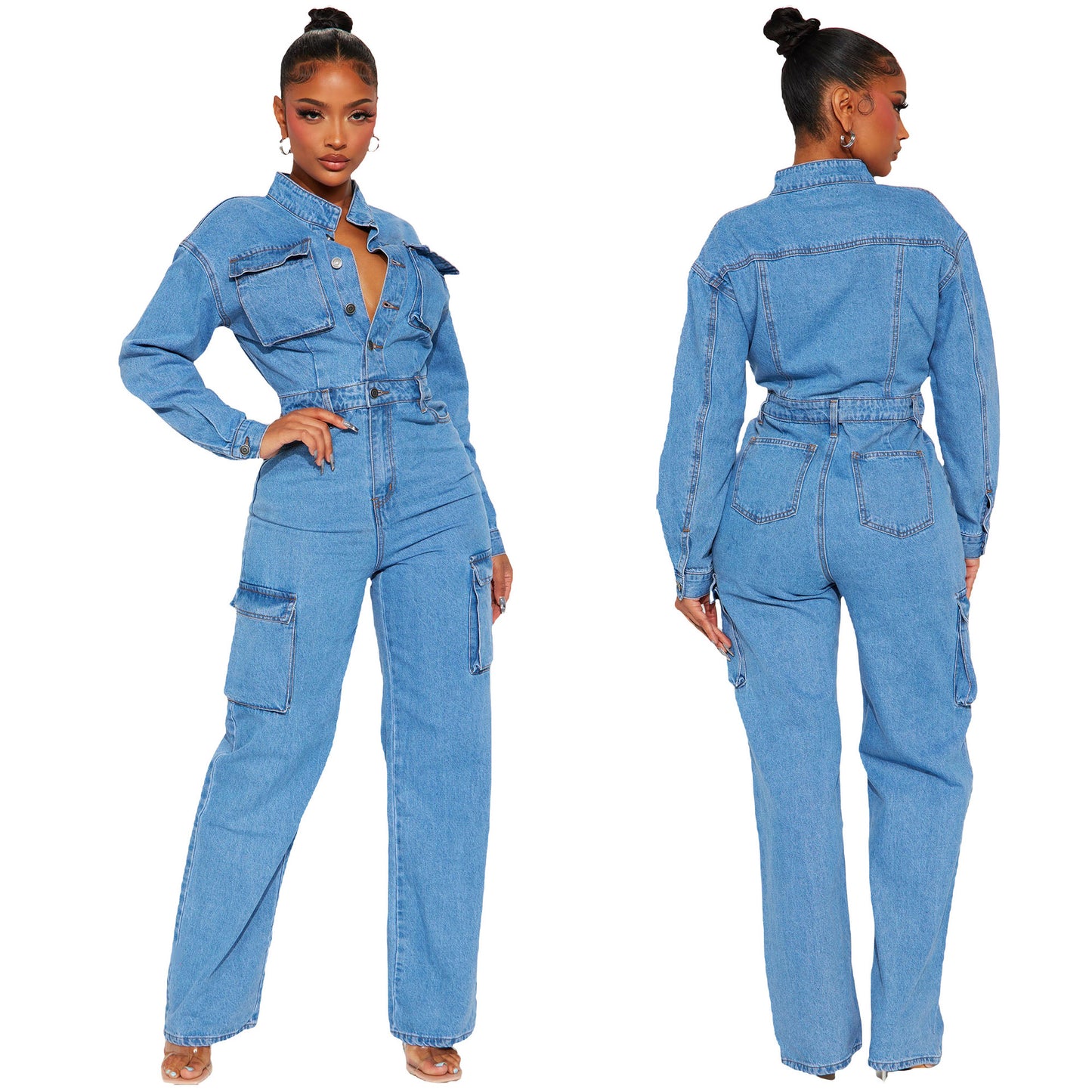Stretch Bellows Pocket Washed Denim Bell-bottom Jumpsuits