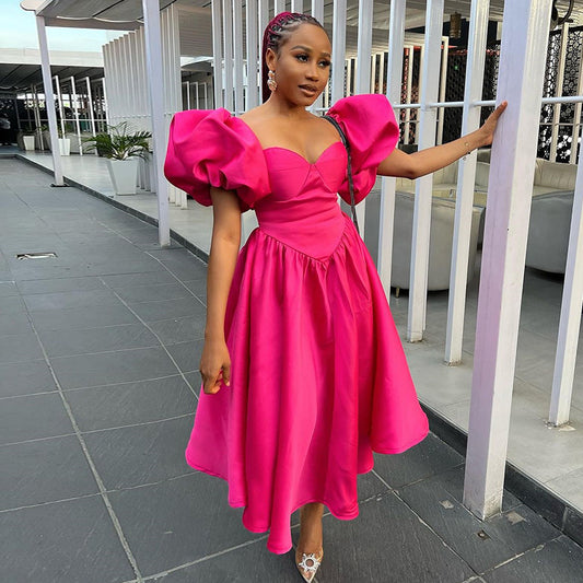 Women's Puff Sleeve Solid Color Waist Tight Dresses