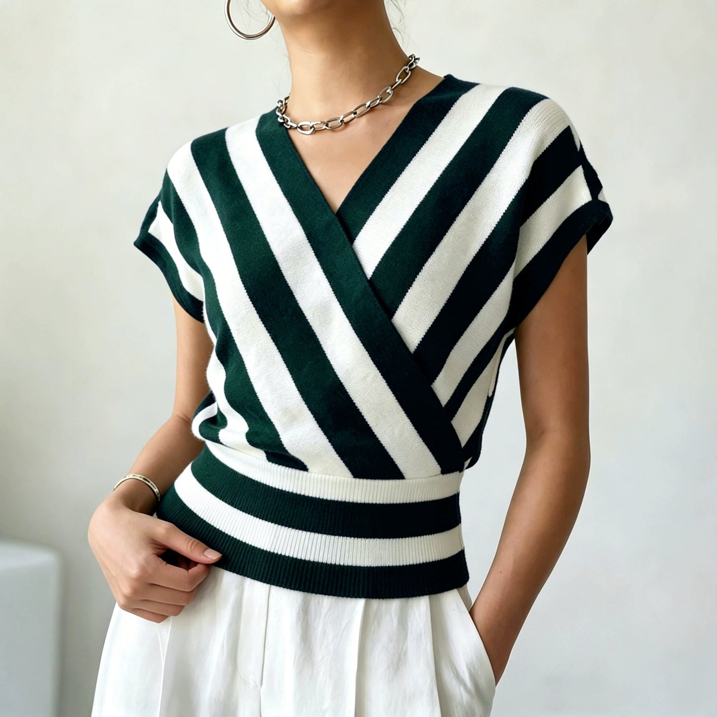 Women's Striped Cross Collar Waist Design Daily Sweaters