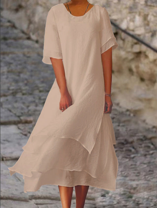 Summer Cotton Linen Color Matching Slit Sleeve Dress