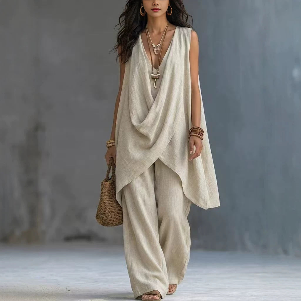 Women's Sleeveless Cross Loose Wide Leg Two-piece Fashion Casual Suit