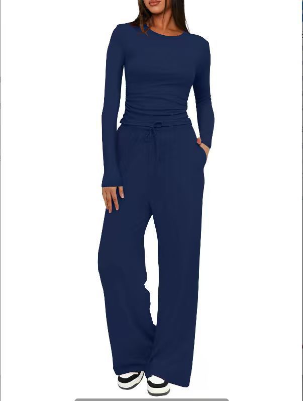Solid Color Long Sleeves Outfit High Waist Wide Leg Tops