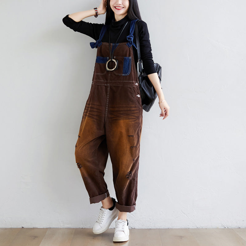 Make Old Ripped Corduroy Hanging Crotch Suspender Casual Pants