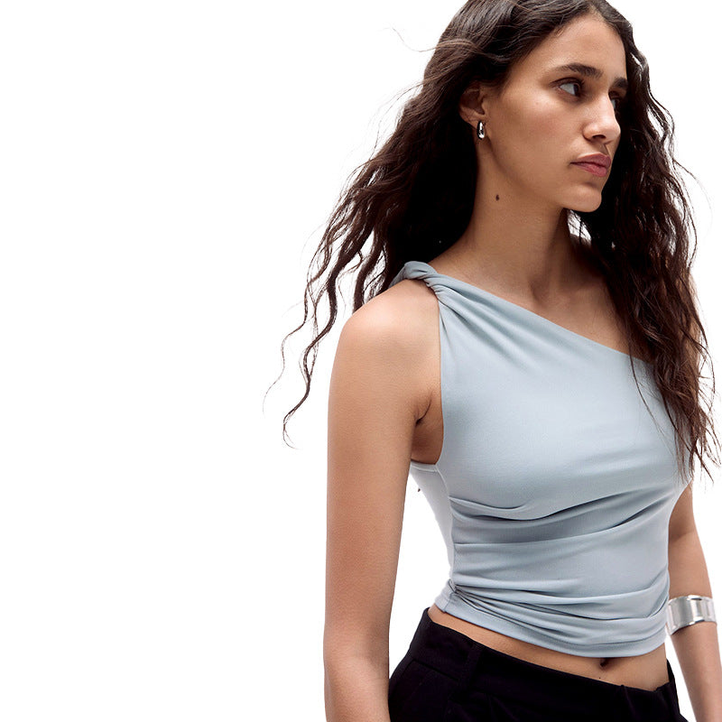 Women's Solid Color Sleeveless Diagonal Collar Tie Blouses