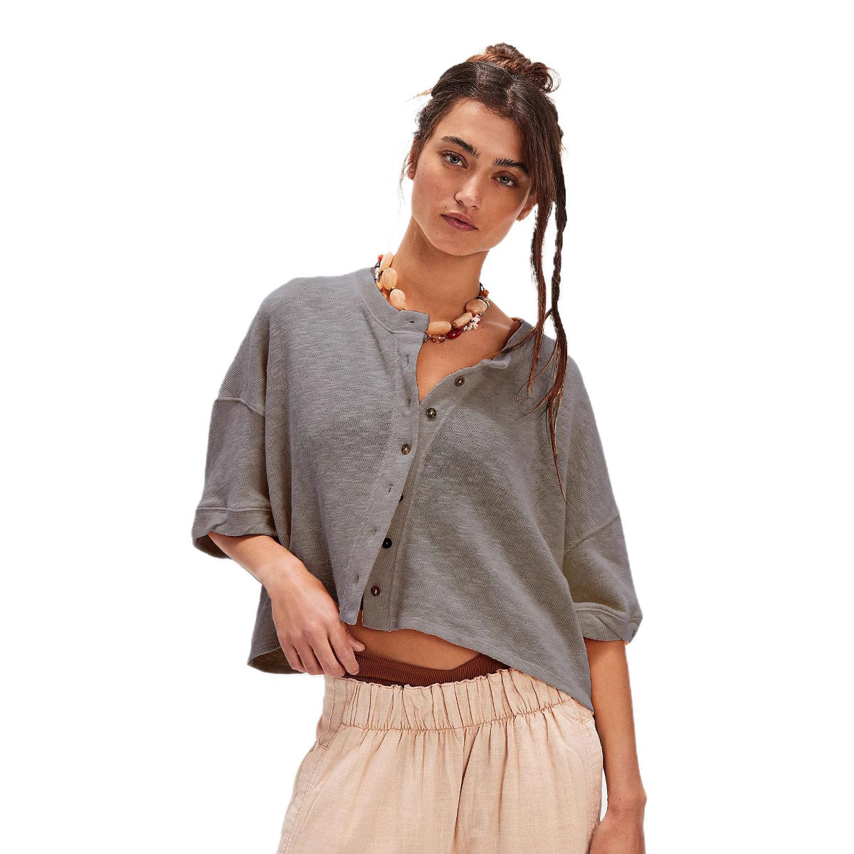 Women's Casual Linen Button Half Sleeve Solid Blouses