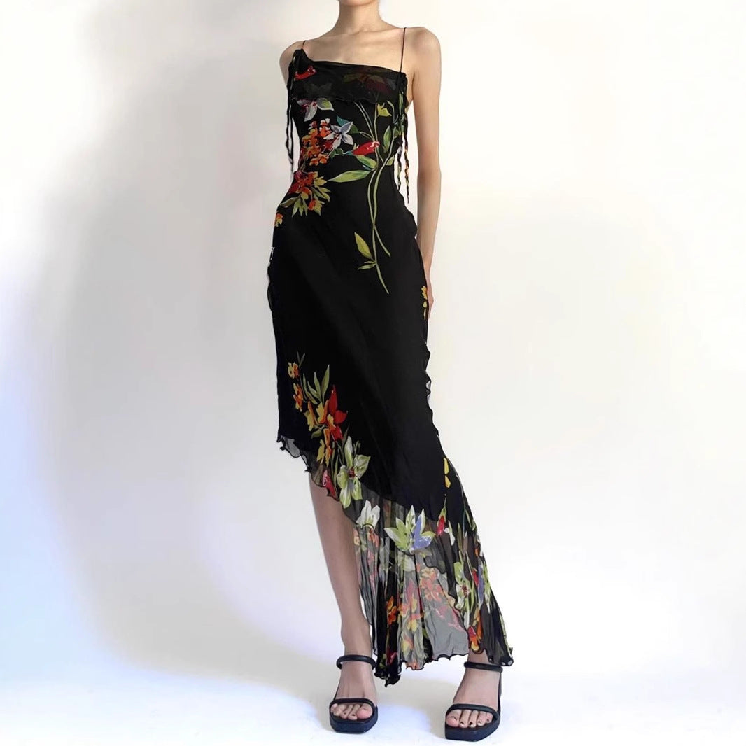Irregular Pleated Plant Printing Slip Dress Dresses