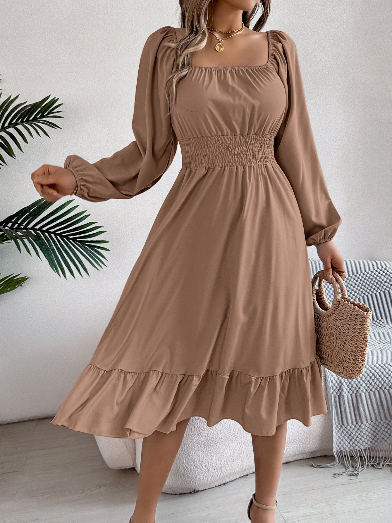 Women's Color Square Collar Long Sleeve Waist Trimming Clothing