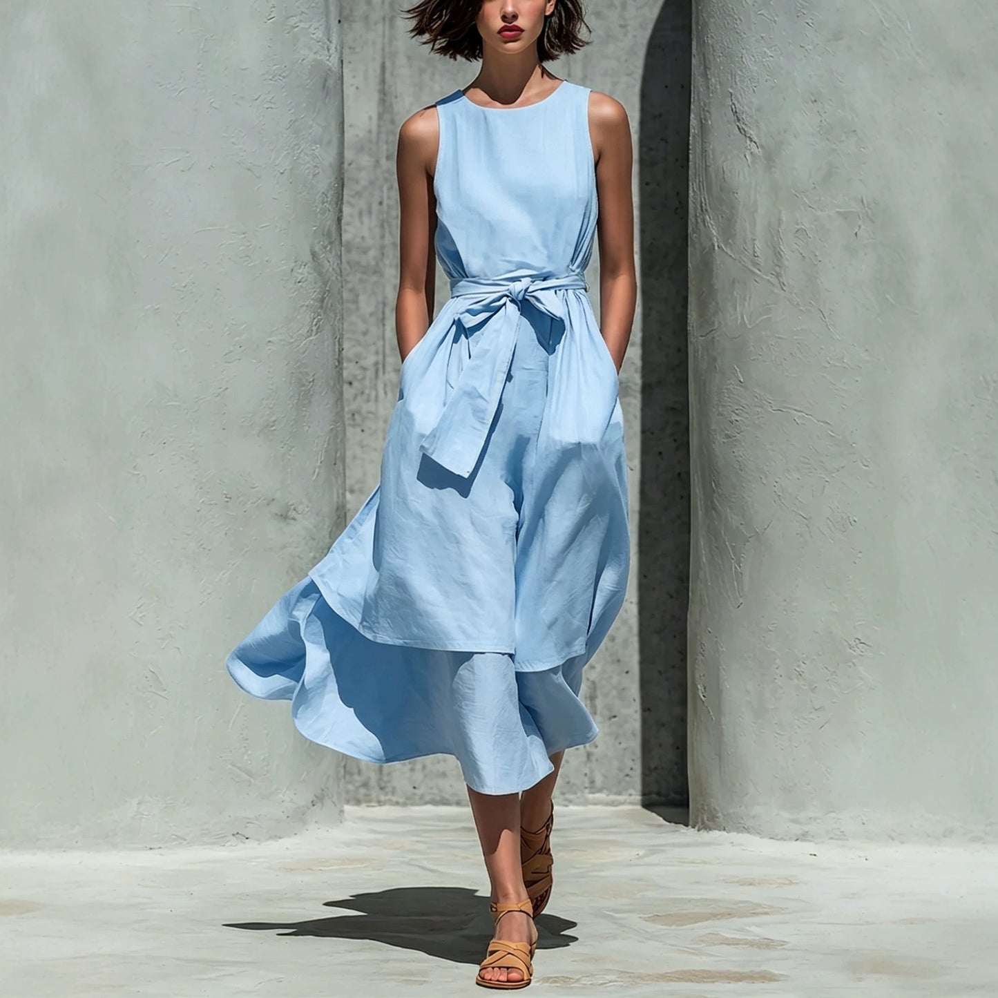 Sleeveless Round Neck Tied Waist Irregular Swing Dress