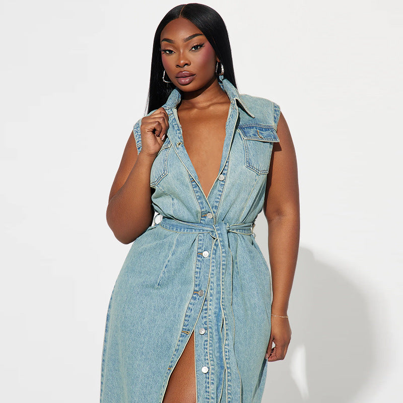 Women's Lapel Sleeveless Denim Long Lace Up Dresses