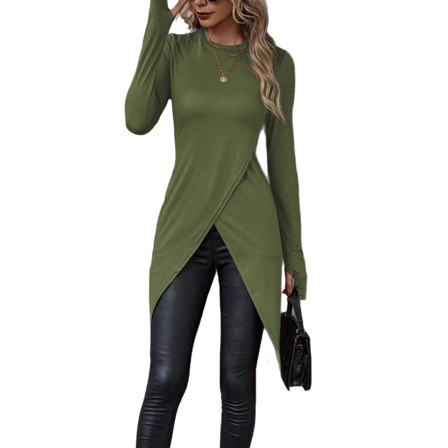 Simplicity Solid Color Long Sleeve Split Mid-length Dress