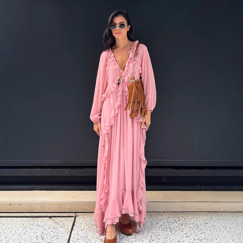 Women's Fresh Sweet Style Laminated Ruffled Long Dresses