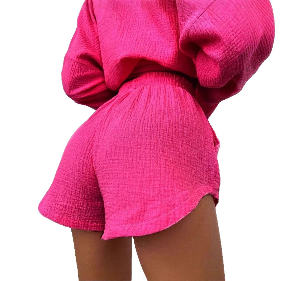 Women's Cotton Long-sleeved Commuter Solid Color Shirt Shorts