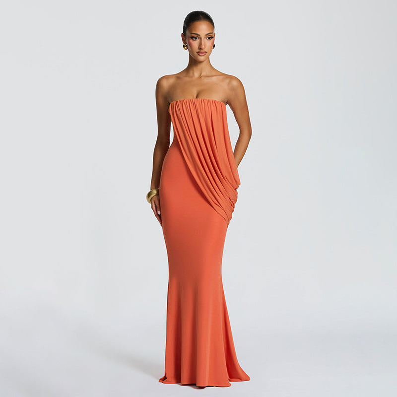 Women's Summer Elegant Pure Color Pleated Mesh Stitching Hip Dress