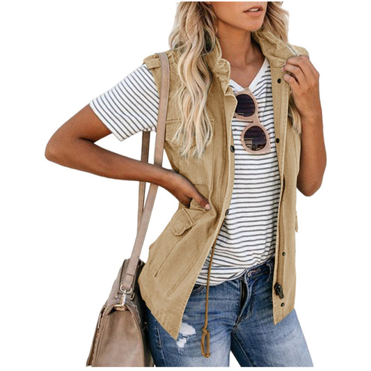 Fashion Solid Color Drawstring With Pocket Vests