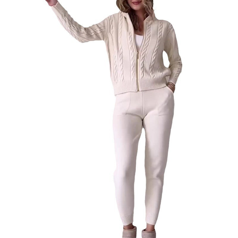 Solid Color Hemp Pattern Hooded Zipper Suits