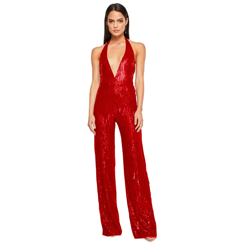 Women's Deep Backless Hot Sleeveless Tassel Halter Jumpsuits