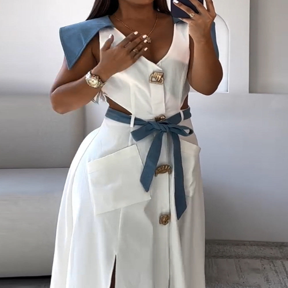 Summer Lapel Split Solid Color Belt Dress