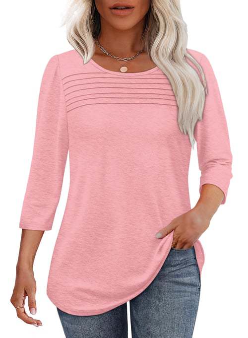 Women's Round Neck Sleeves Chest Tuck Line Blouses