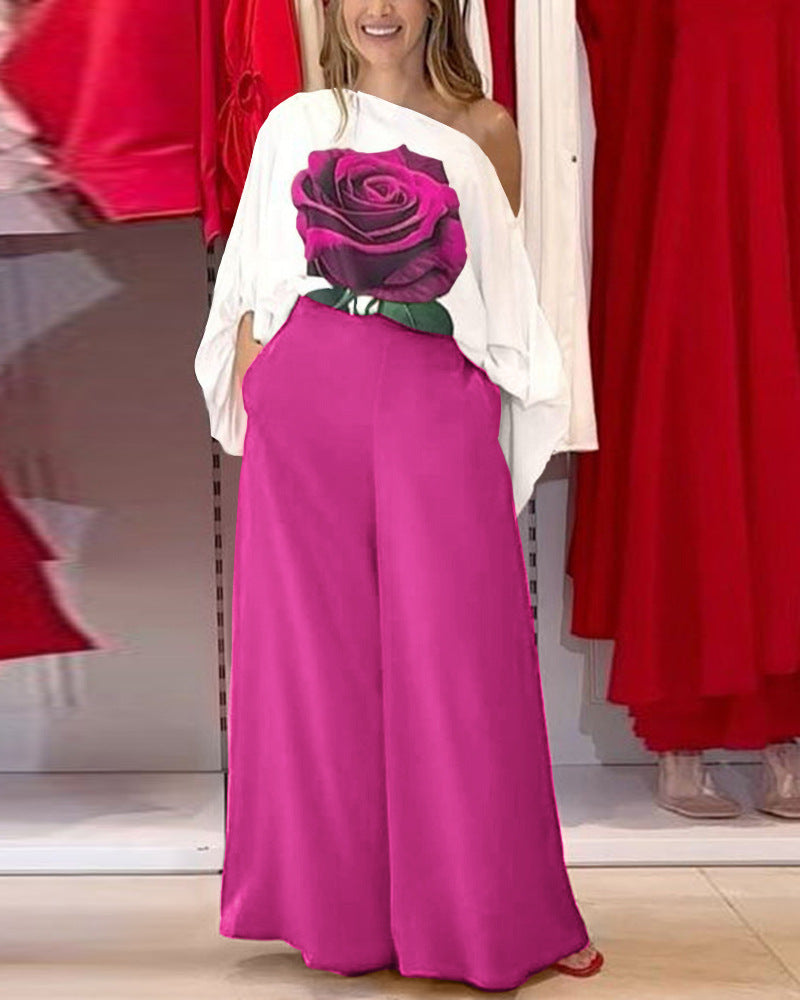 Pattern Lantern Sleeve Loose Off Shoulder Blouses