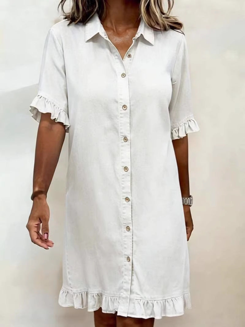 Women's Summer Loose Shirt Denim With Wooden Dress