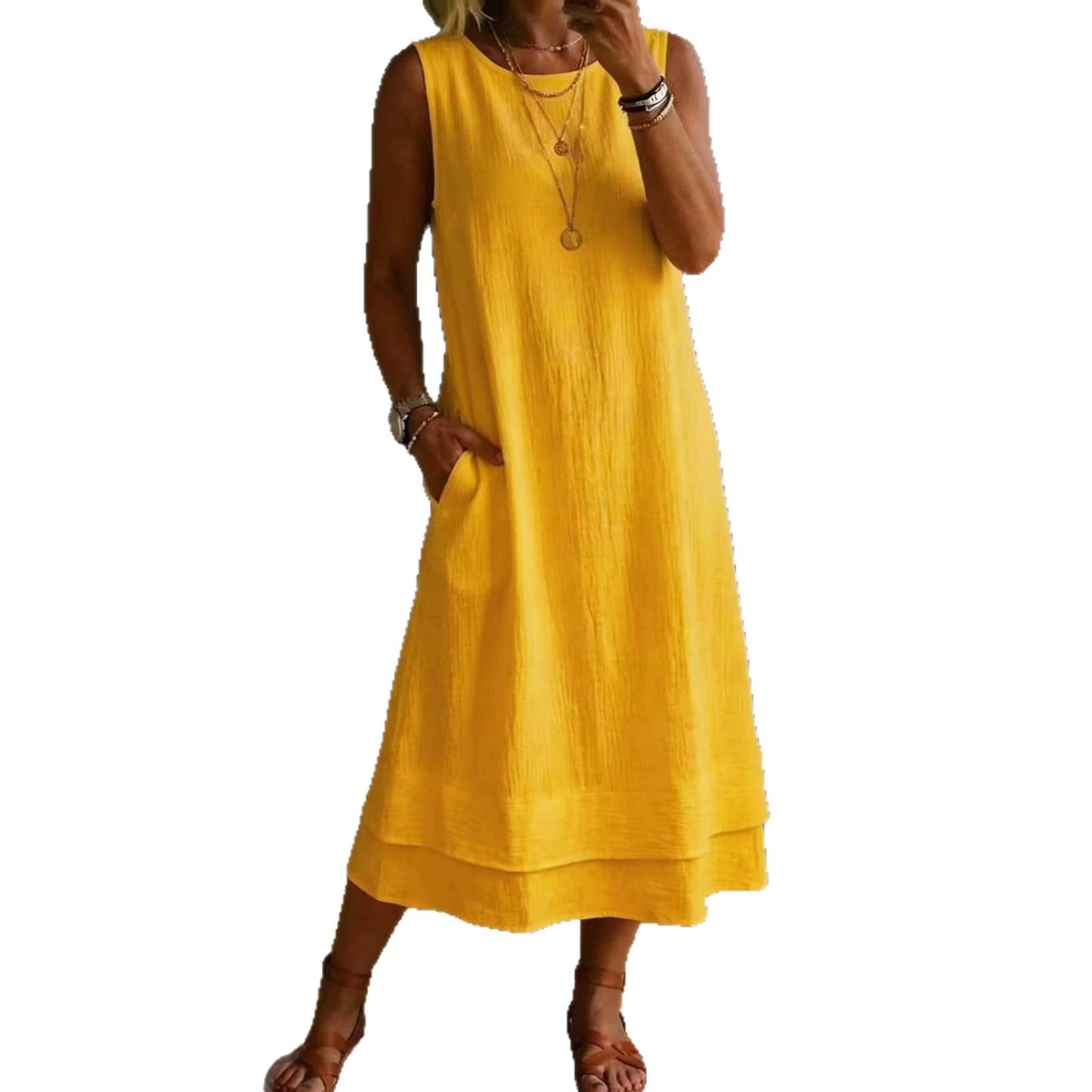 Fashion Casual Round Neck Pocket Long Solid Dress