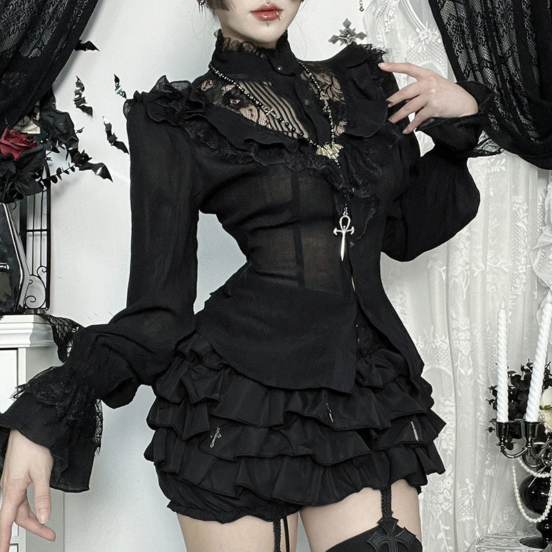 Lace Long-sleeved Shirt Autumn Dark Style Blouses