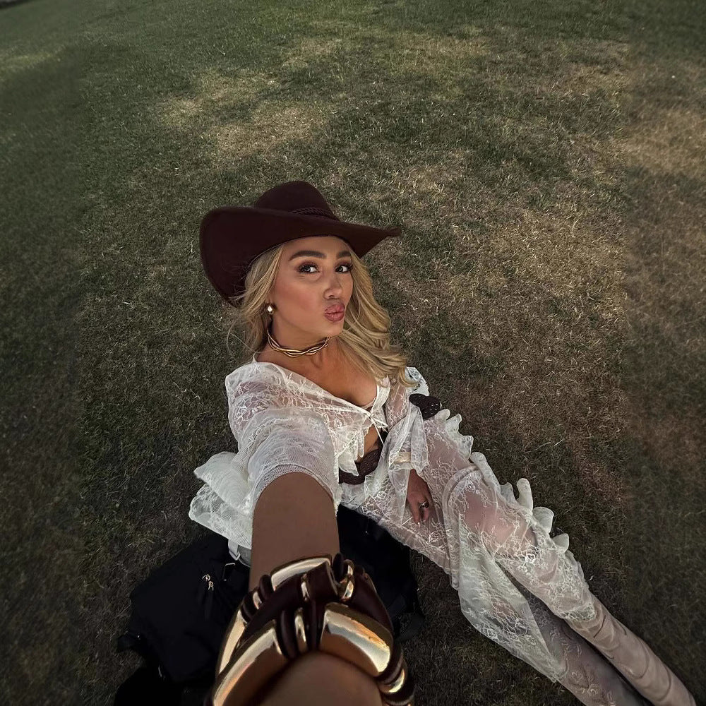 Ruffled Bell Sleeve Lace Navel Sexy Blouses