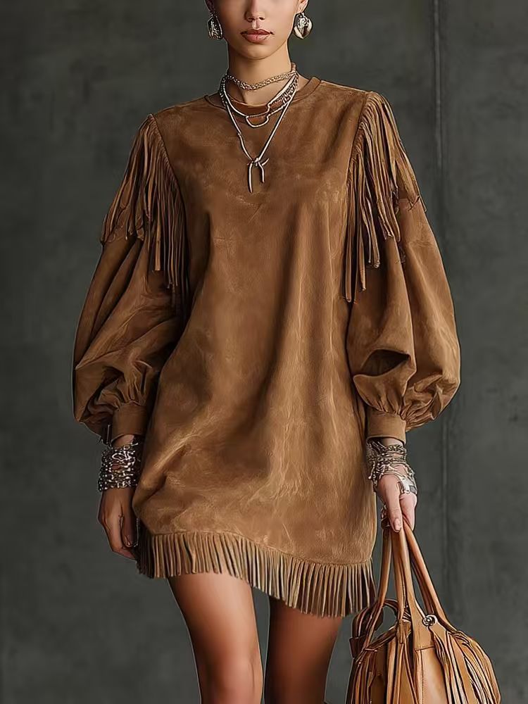 Round Neck Tassel Loose Lantern Sleeve Dresses