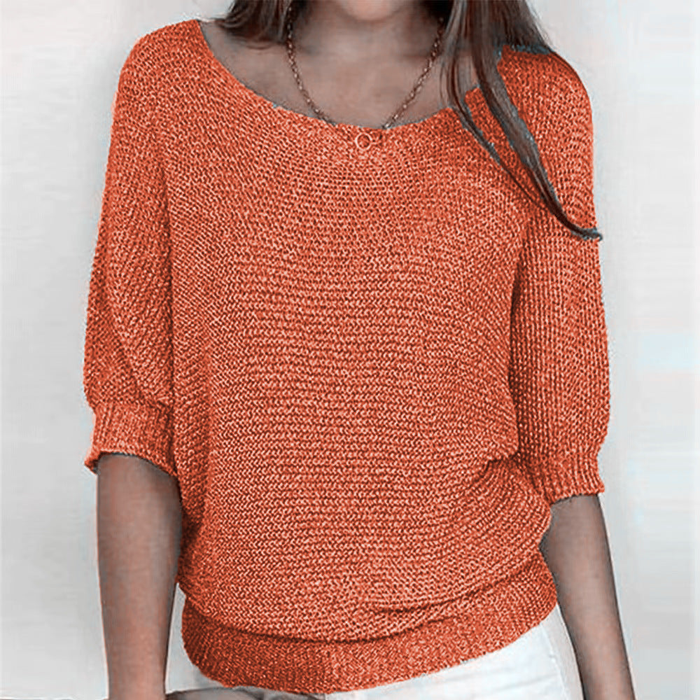 Women's Color Round Neck Commuter Elegant Cropped Sleeves For Air Conditioned Women's Sweater