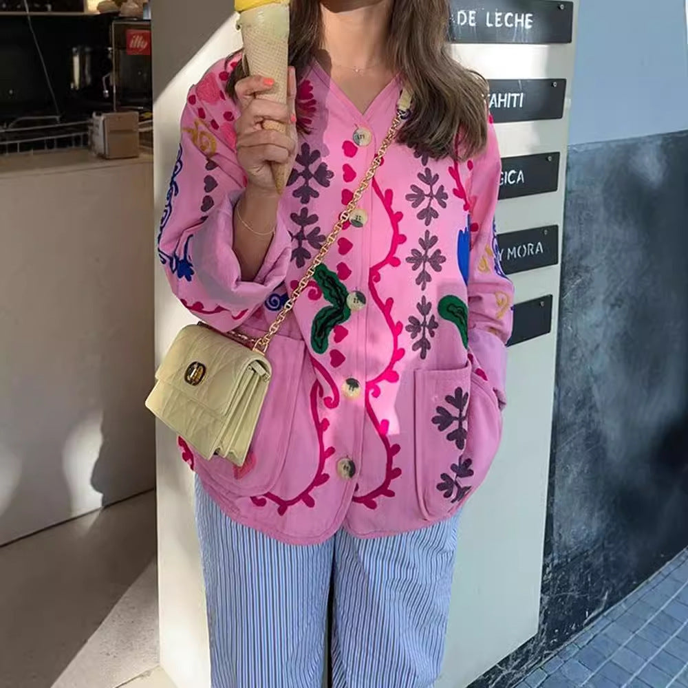 Women's Pink Casual Style Flower Long-sleeved Single-breasted Jackets