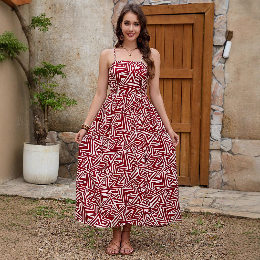 Women's Geometric Rayon Printed Backless Slip Dress Dresses
