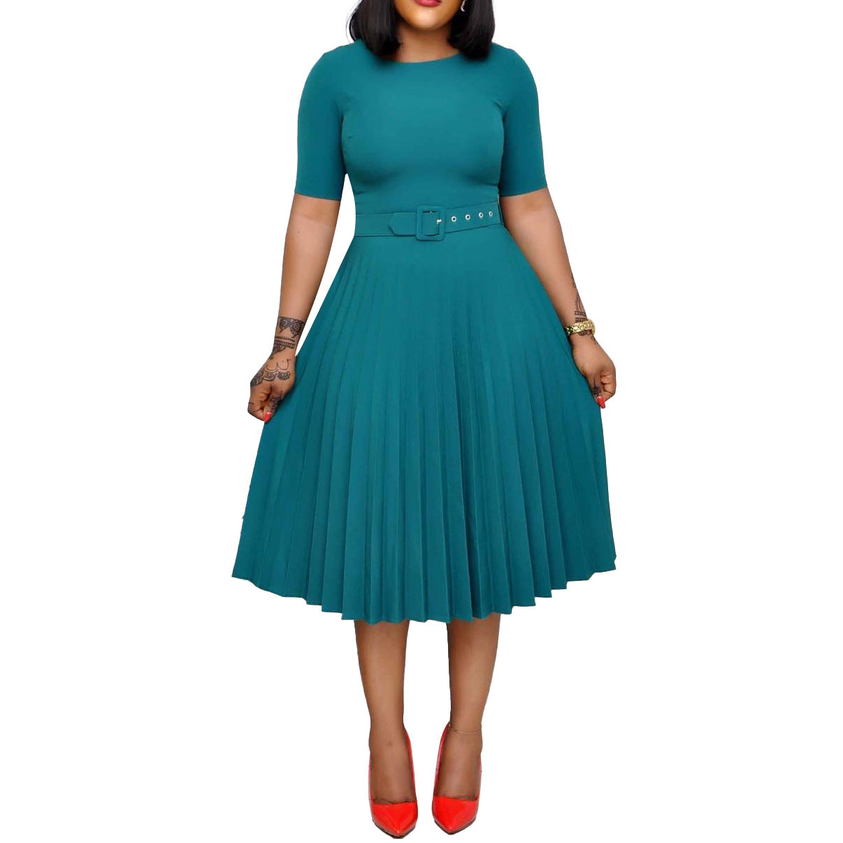 Women's Summer Sleeve Round Neck Waist Trimming Solid Dress