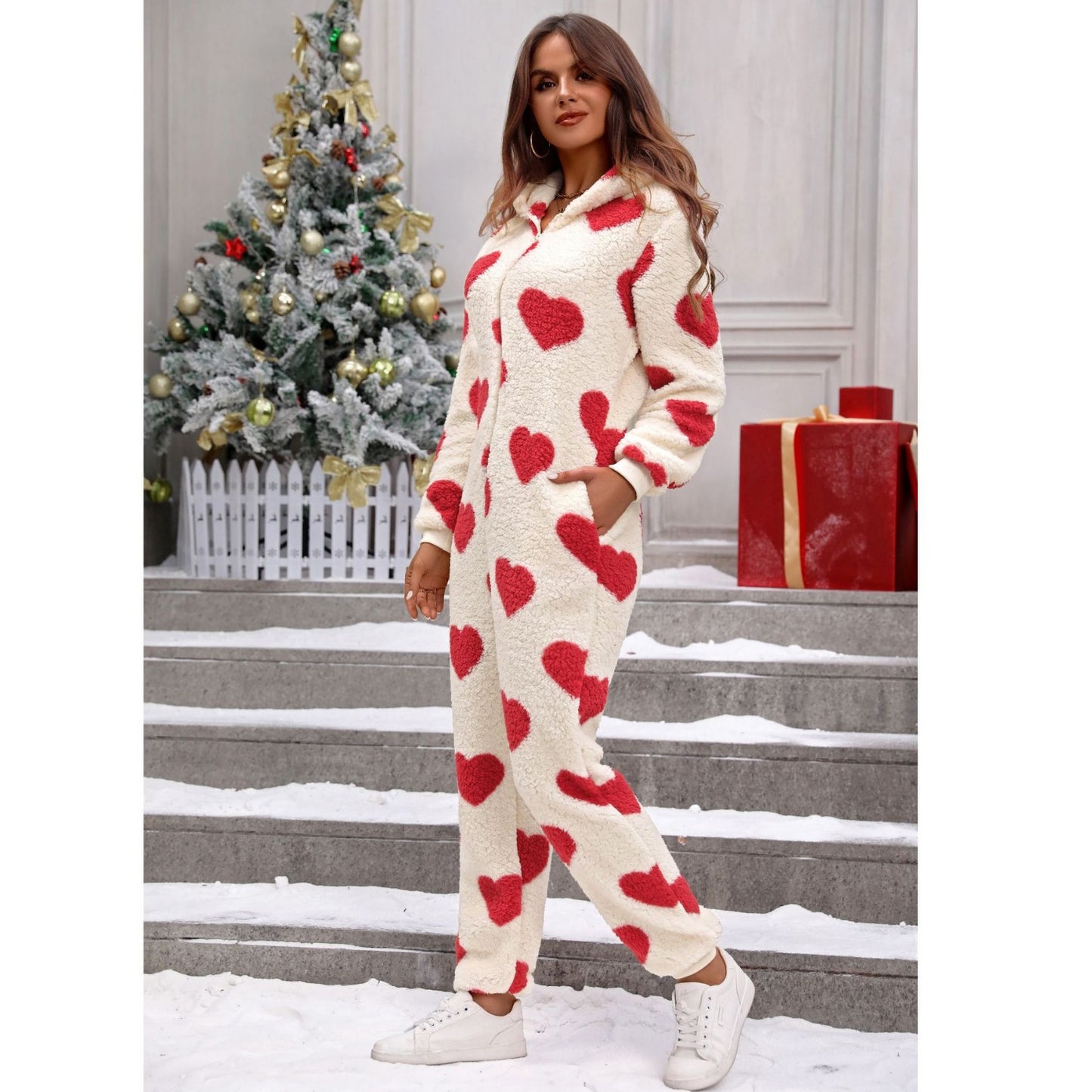 Women's Plush Loving Heart Printed Christmas Hooded Jumpsuits