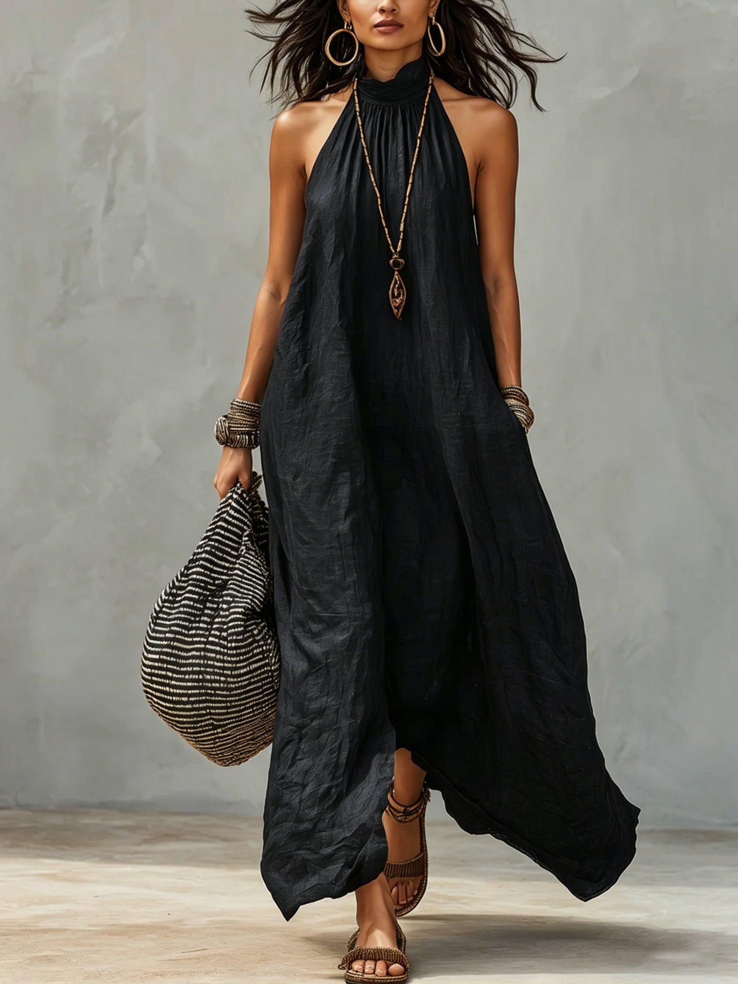Women's Style Halter Long Backless Wrinkle Loose Dress