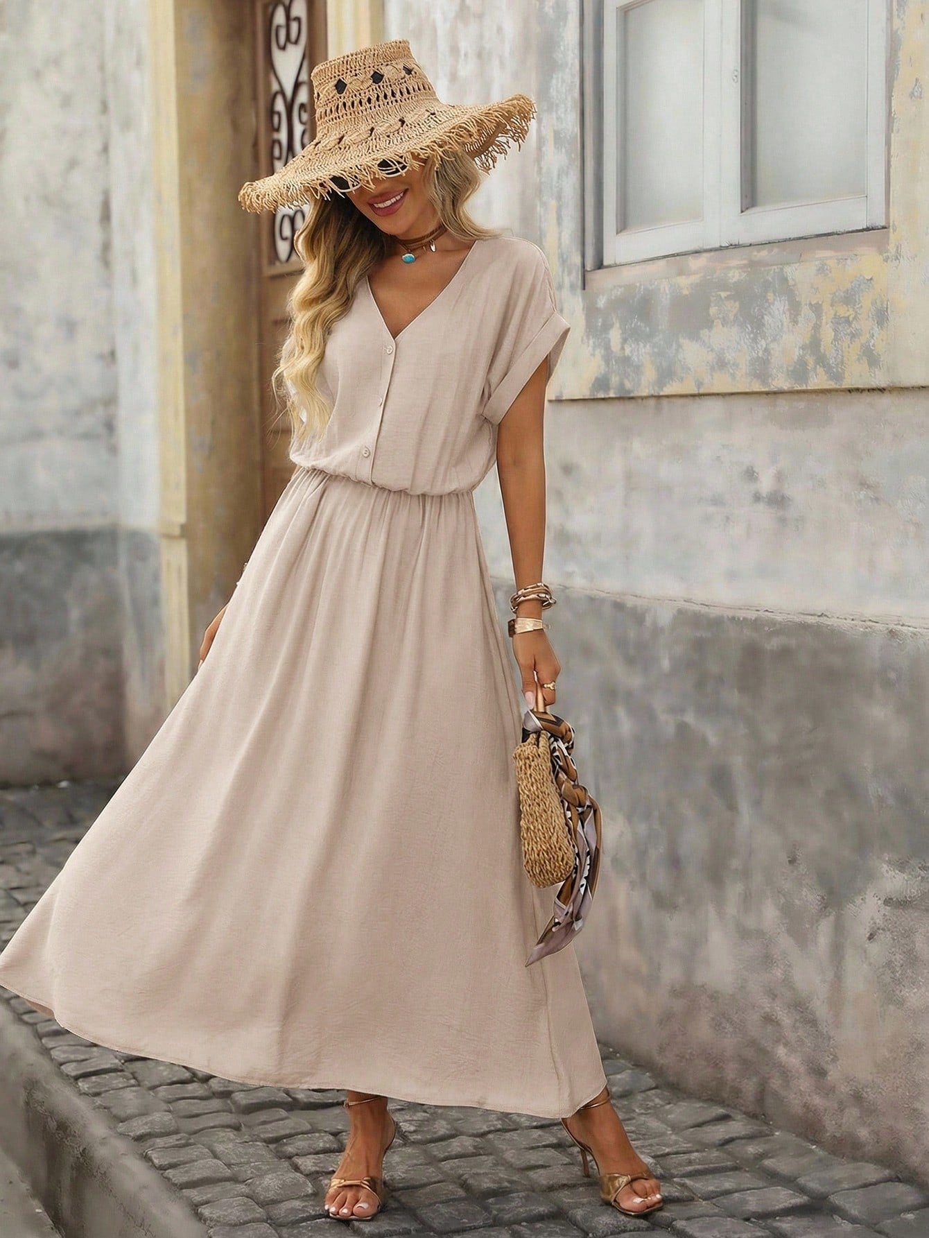 Women's Summer Solid Color Waist Tight Batwing Sleeve Dress