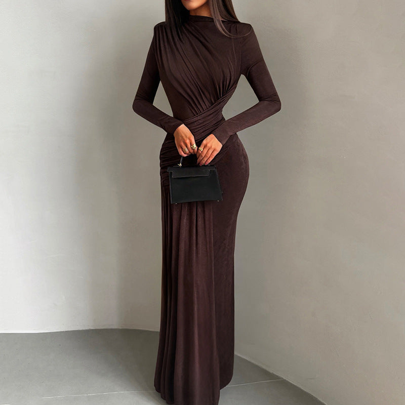 Women's Color Round Neck Asymmetric Fold Slim Fit Dress