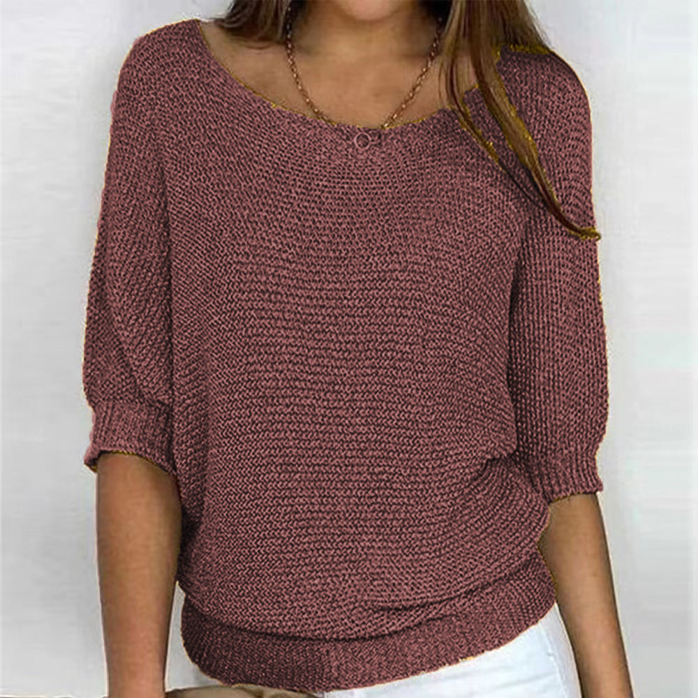 Women's Color Round Neck Commuter Elegant Cropped Sleeves For Air Conditioned Women's Sweater