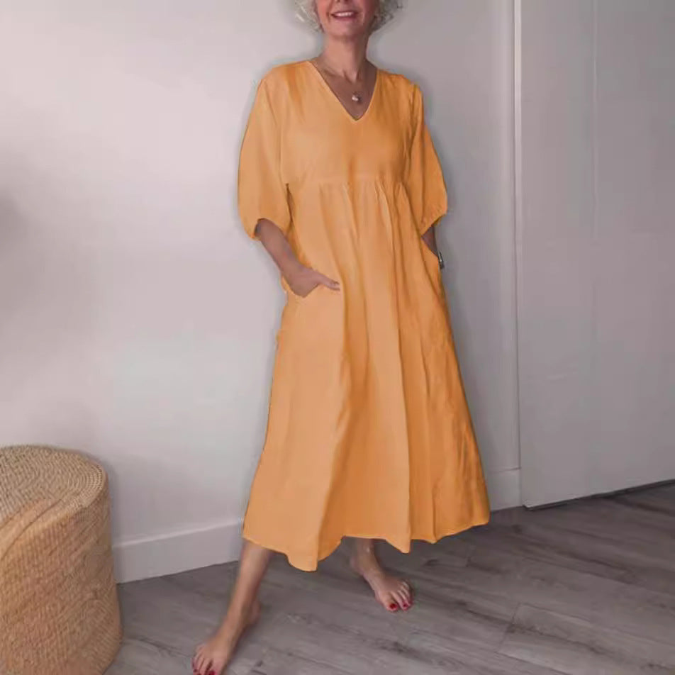 Women's Autumn Cotton Linen Deep Pleated Solid Color Casual Dress