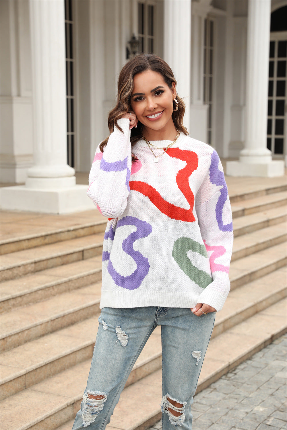 Fashion Round Neck Geometric Figure Loose Sweaters
