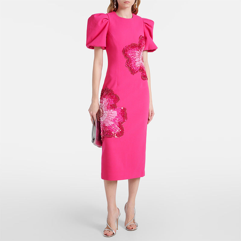 Fashion Bead Sequined Three-dimensional Flower Short-sleeved Dress